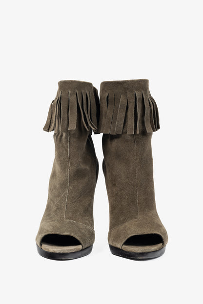 Burberry Pelling Khaki Suede Fringe Peep-Toe Booties