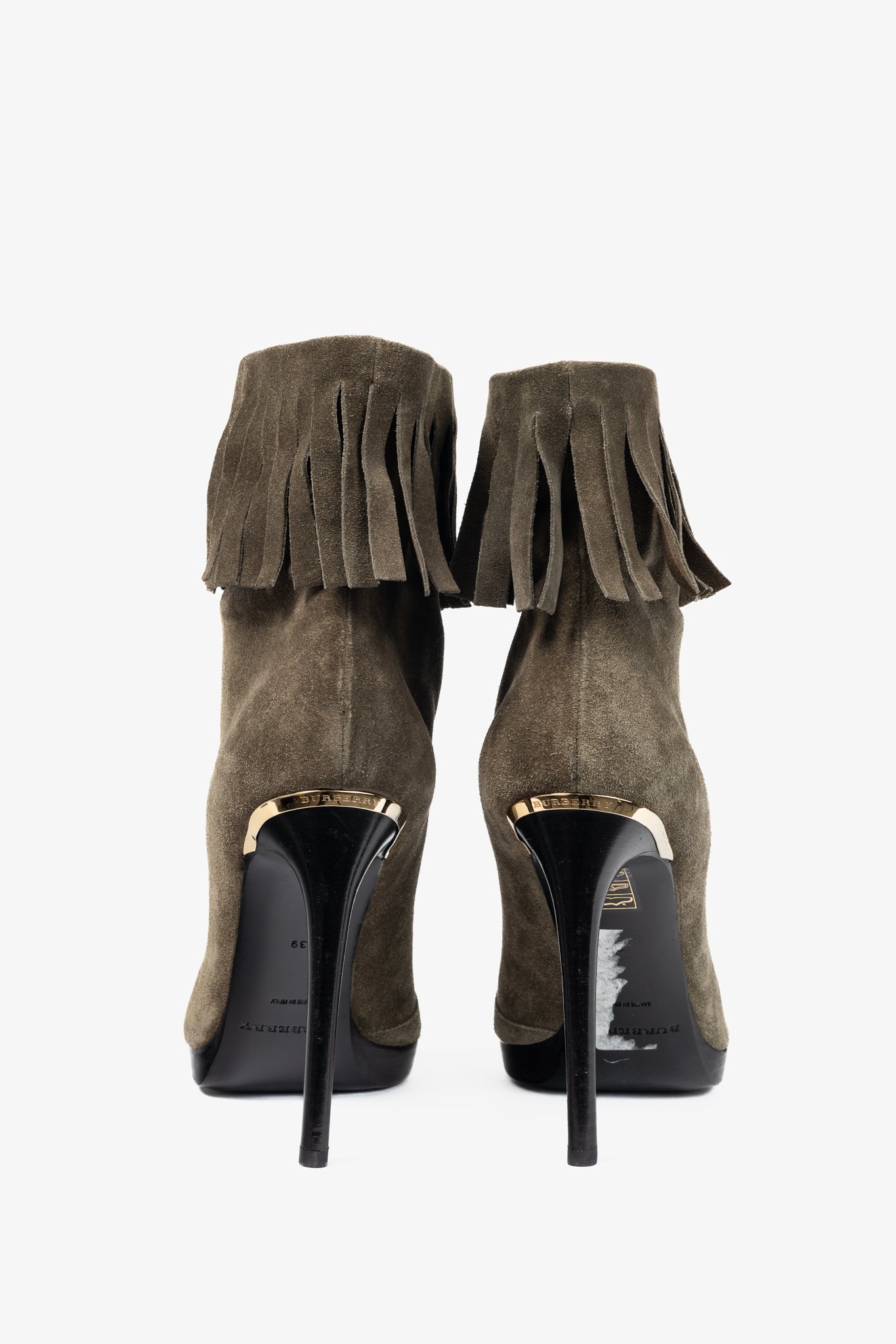 Burberry Pelling Khaki Suede Fringe Peep-Toe Booties