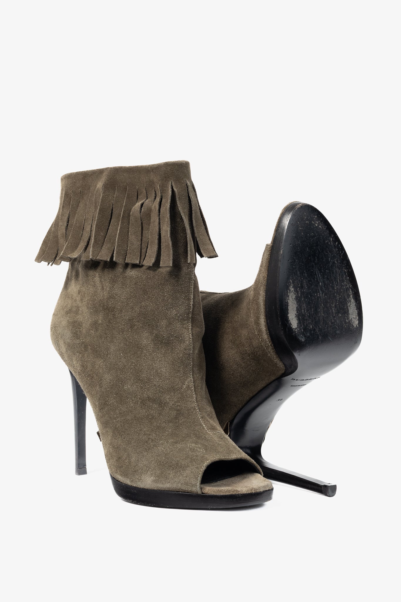 Burberry Pelling Khaki Suede Fringe Peep-Toe Booties
