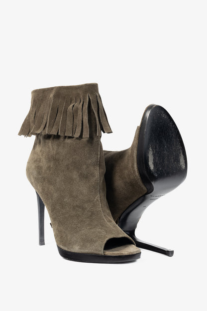 Burberry Pelling Khaki Suede Fringe Peep-Toe Booties