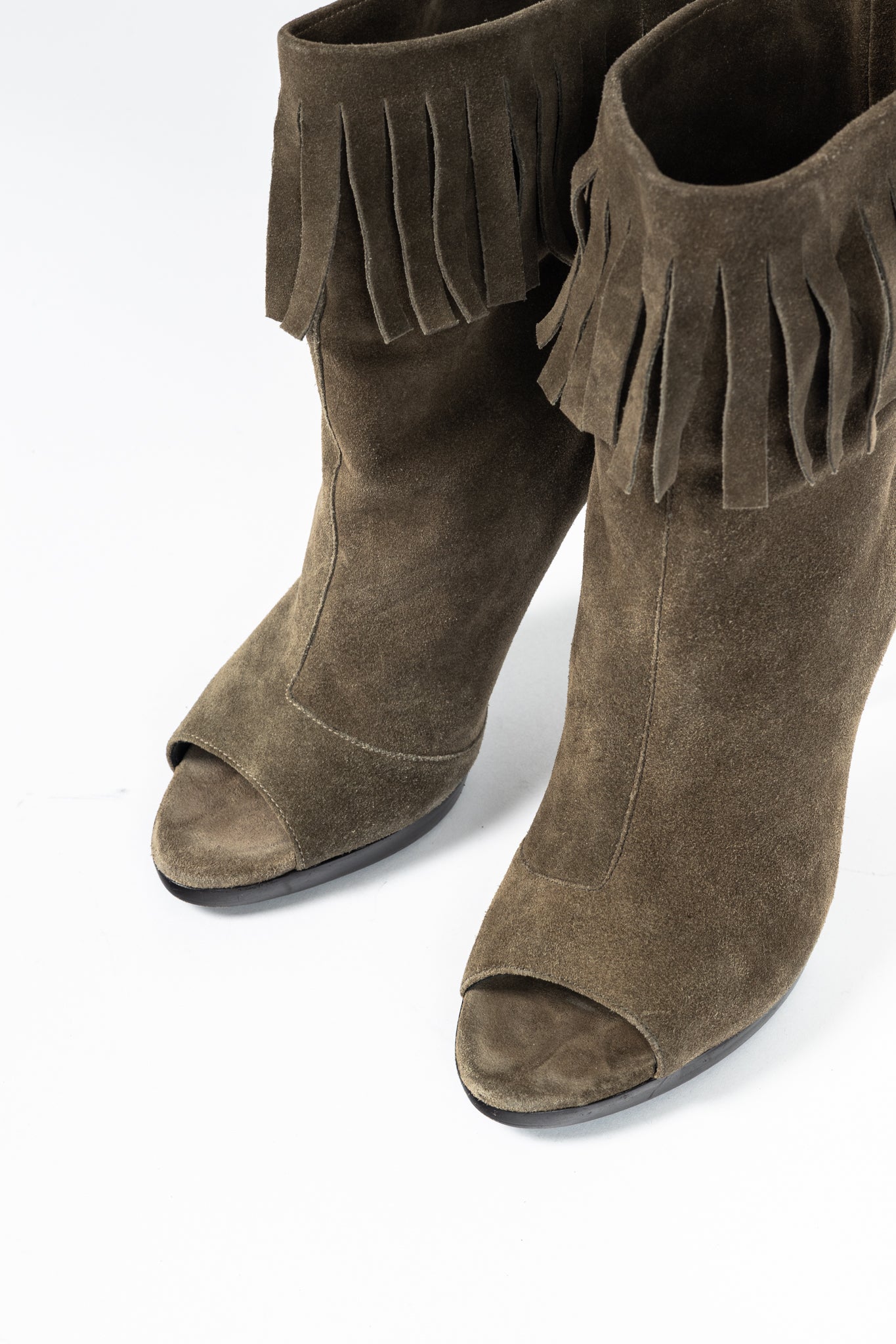Burberry Pelling Khaki Suede Fringe Peep-Toe Booties