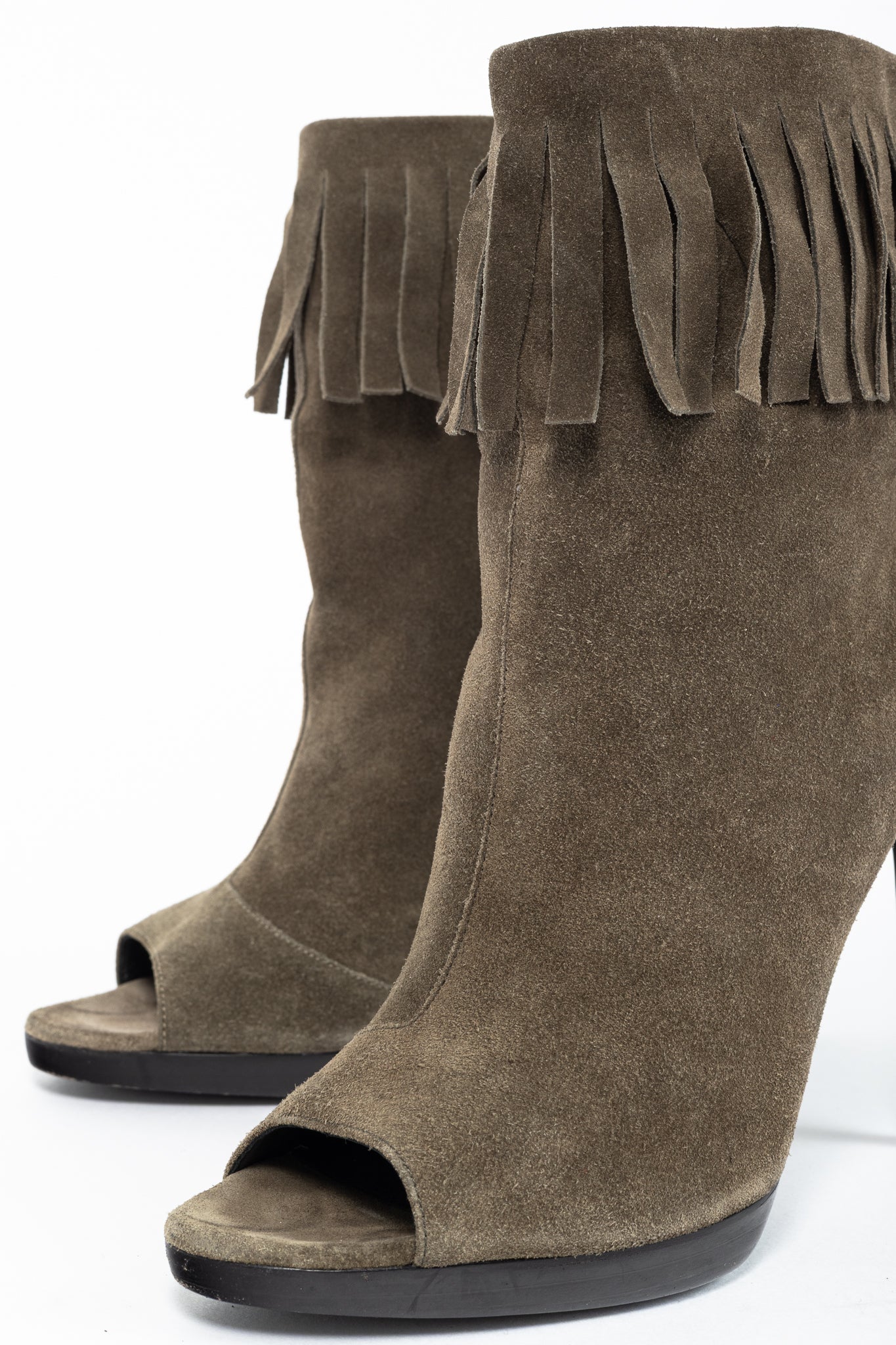 Burberry Pelling Khaki Suede Fringe Peep-Toe Booties