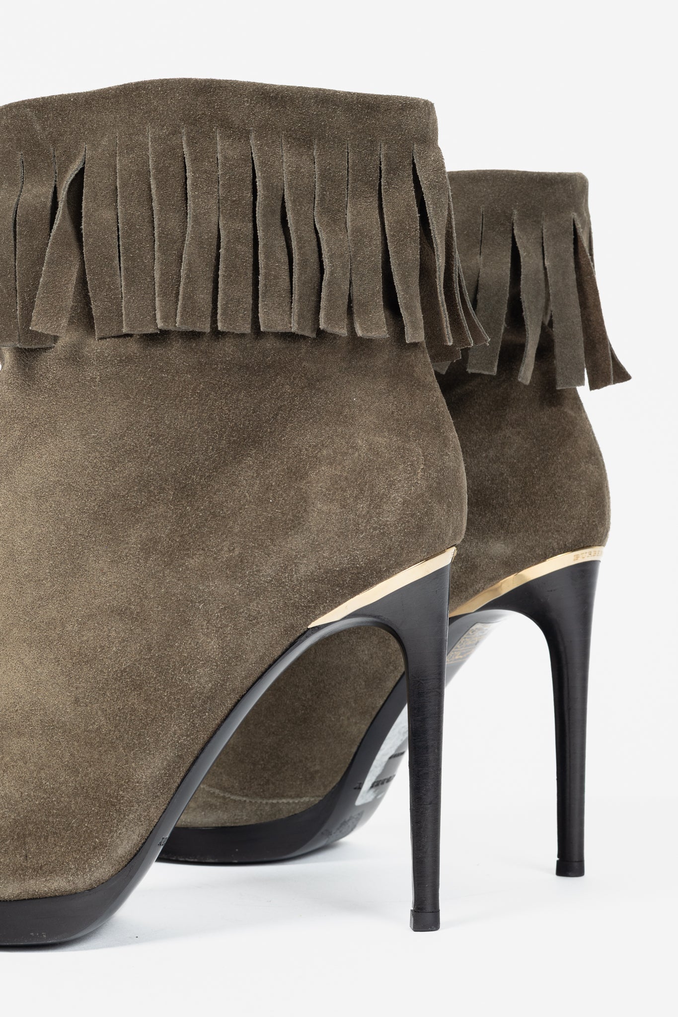 Burberry Pelling Khaki Suede Fringe Peep-Toe Booties
