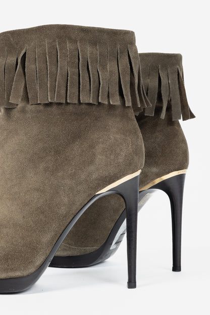Burberry Pelling Khaki Suede Fringe Peep-Toe Booties