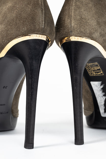 Burberry Pelling Khaki Suede Fringe Peep-Toe Booties