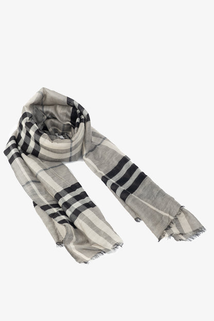 Burberry Grey Check Gauze Eyelash-Fringe Scarf