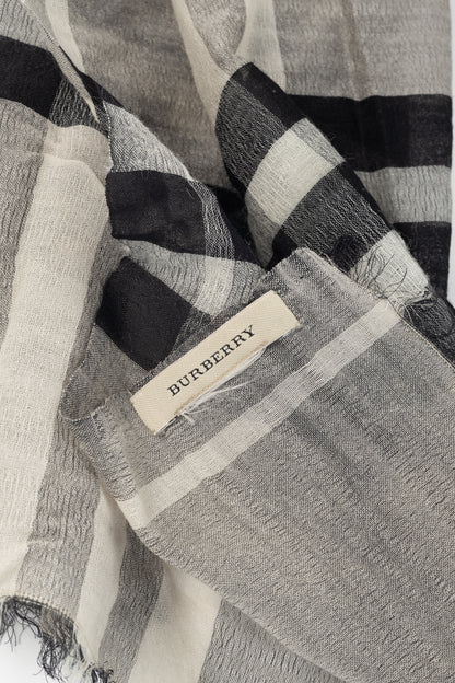 Burberry Grey Check Gauze Eyelash-Fringe Scarf
