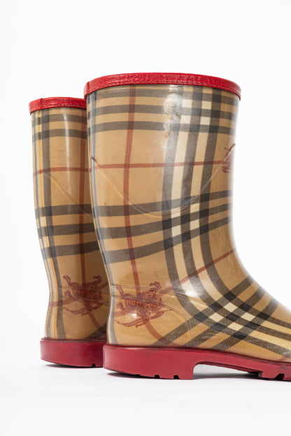 Burberry Splash Mid Haymarket & Military Red-Leather Rainboots