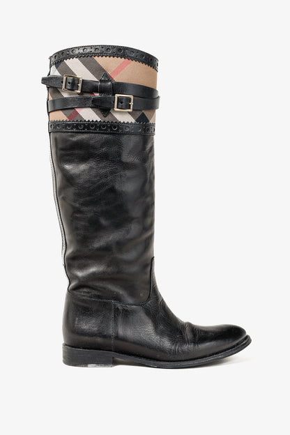 Burberry Carington Black Check Leather Riding Boots