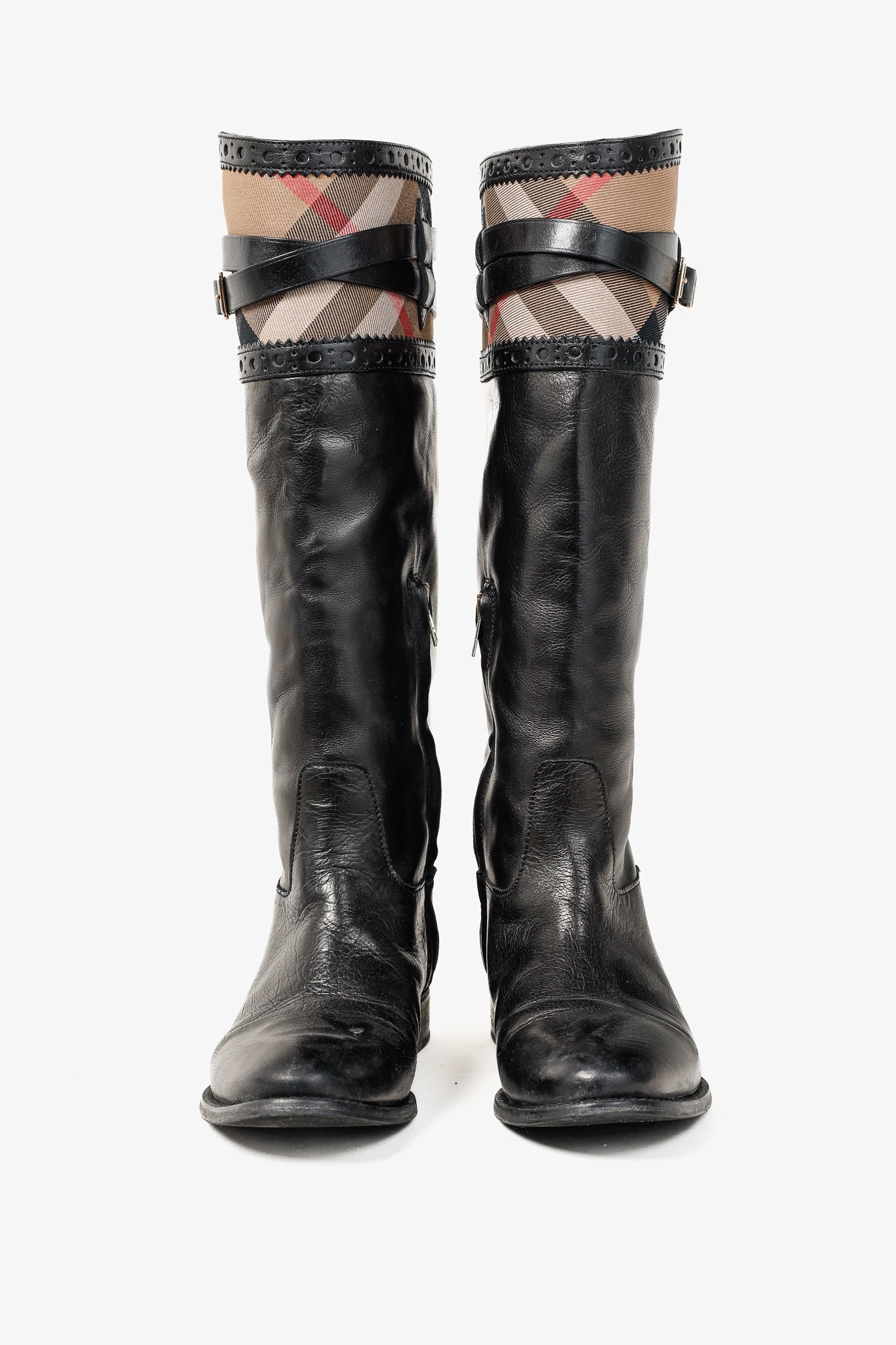 Burberry Carington Black Check Leather Riding Boots