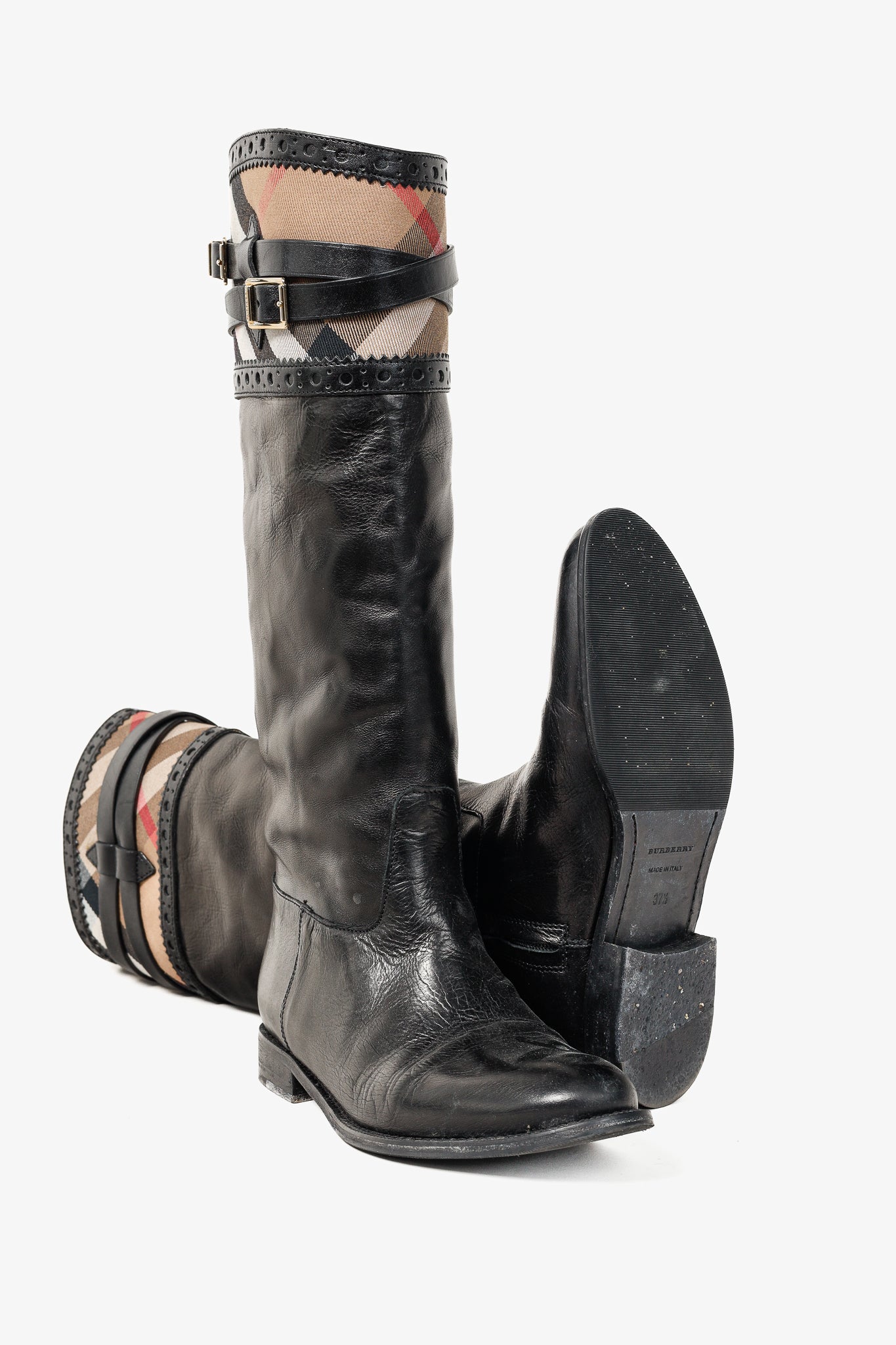 Burberry Carington Black Check Leather Riding Boots