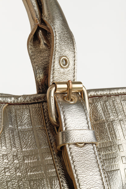 Burberry Metallic-Gold Plaid-Embossed Leather Tote Bag