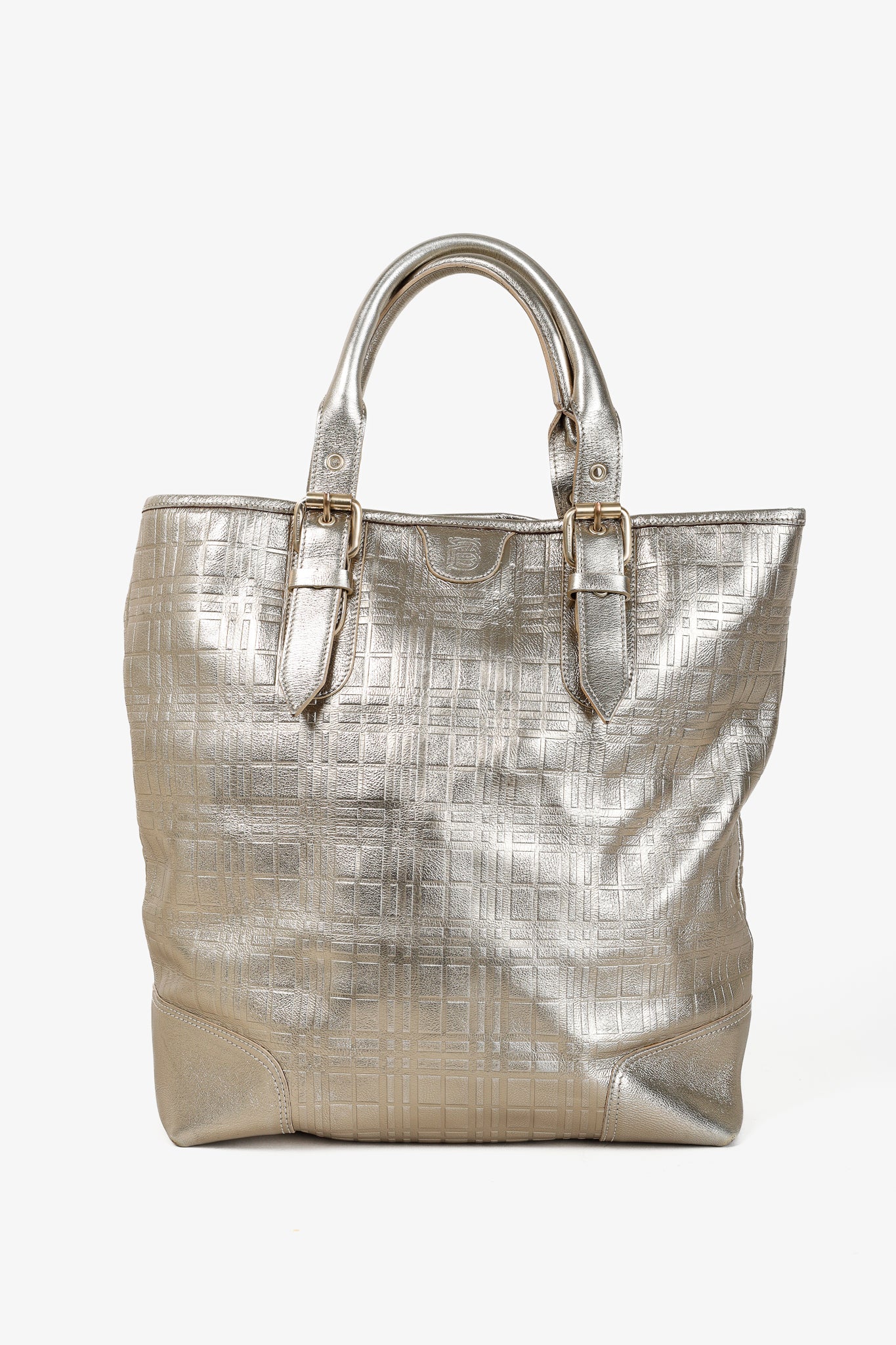 Burberry Metallic-Gold Plaid-Embossed Leather Tote Bag