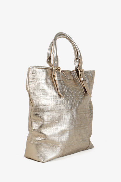 Burberry Metallic-Gold Plaid-Embossed Leather Tote Bag