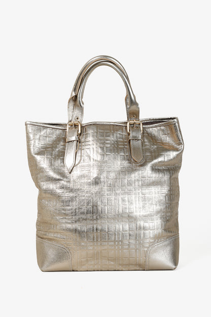 Burberry Metallic-Gold Plaid-Embossed Leather Tote Bag