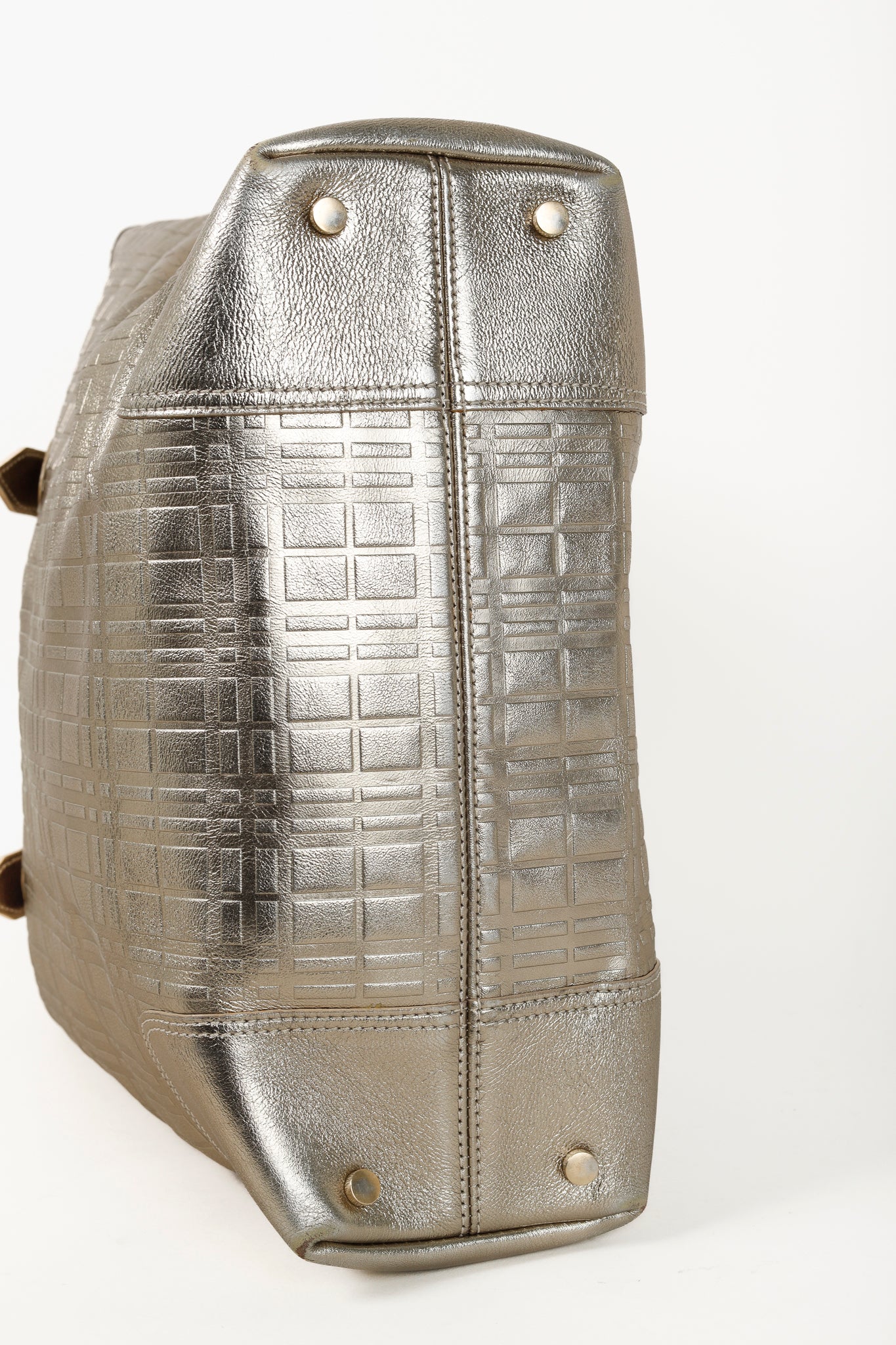 Burberry Metallic-Gold Plaid-Embossed Leather Tote Bag