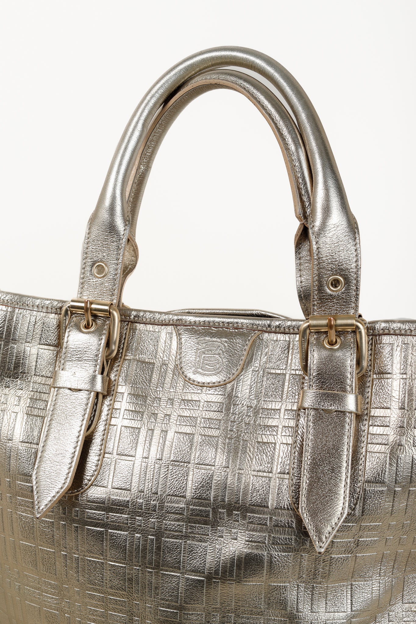 Burberry Metallic Gold Plaid Embossed Leather Tote Bag Blogger Armoire