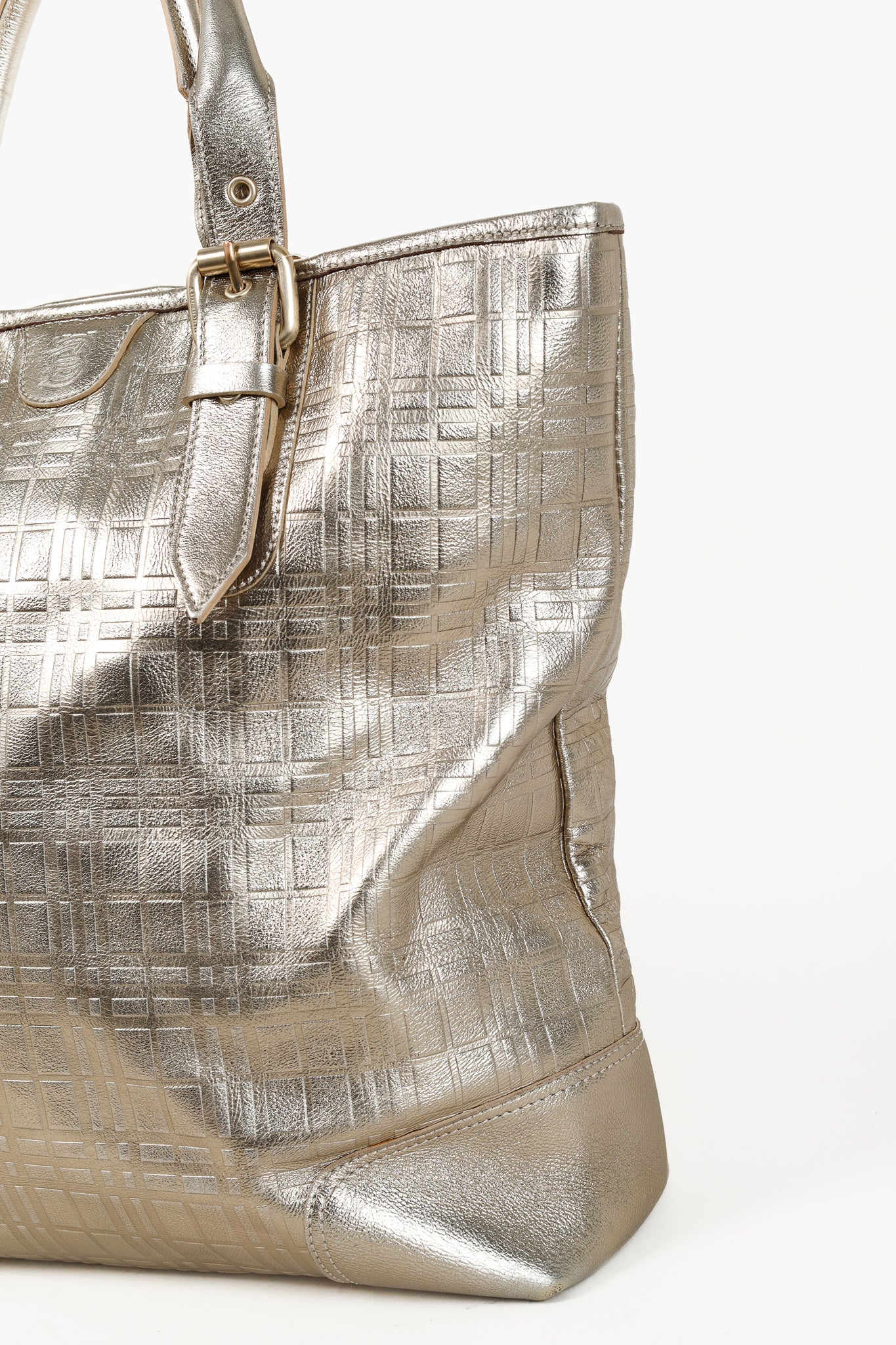 Burberry Metallic-Gold Plaid-Embossed Leather Tote Bag