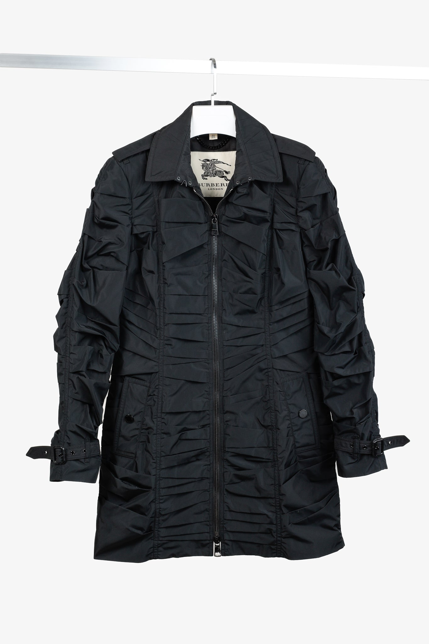 Burberry Roemead Black Allover Ruched Zip Coat