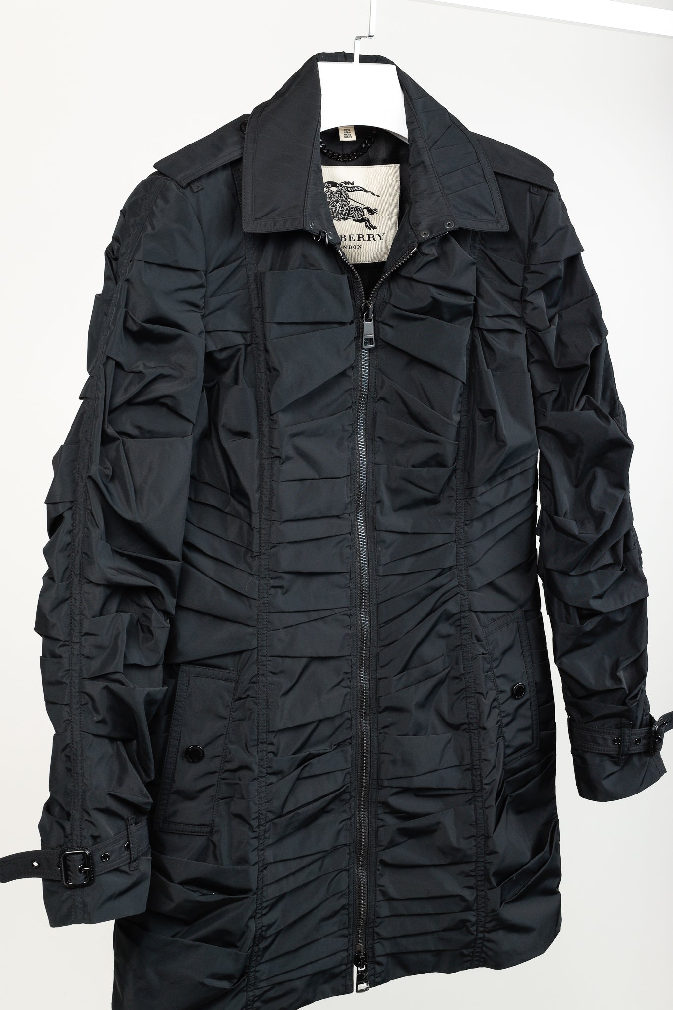 Burberry Roemead Black Allover Ruched Zip Coat