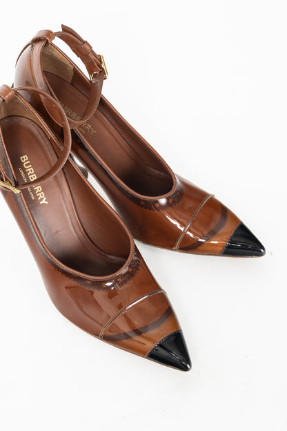 Burberry AW19 Runway Evan 105 Malt Brown, Black & Tan Plex Heels