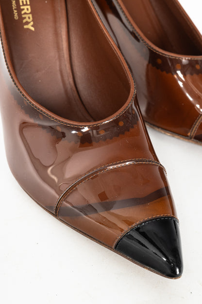 Burberry AW19 Runway Evan 105 Malt Brown, Black & Tan Plex Heels