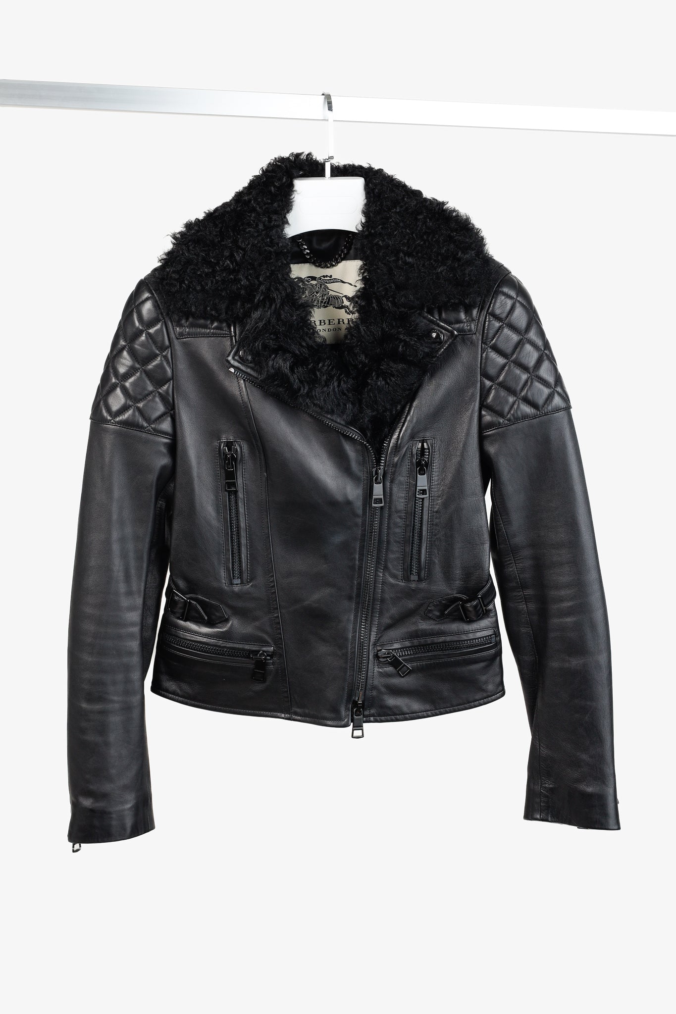 Burberry Oatshire Black Shearling Quilted Leather Moto Jacket