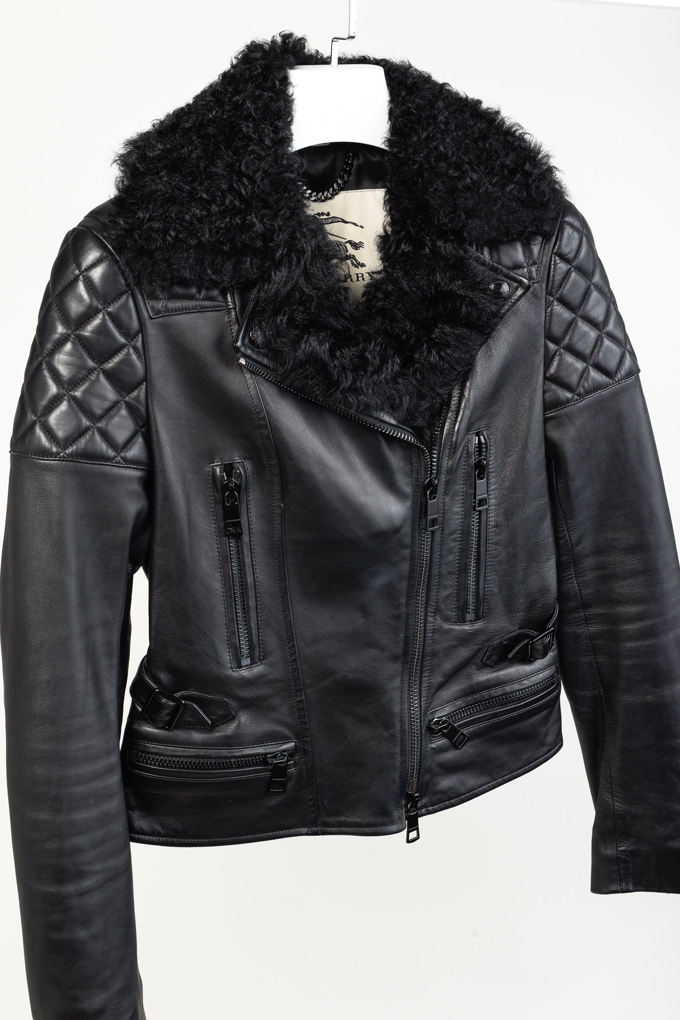 Burberry Oatshire Black Shearling Quilted Leather Moto Jacket