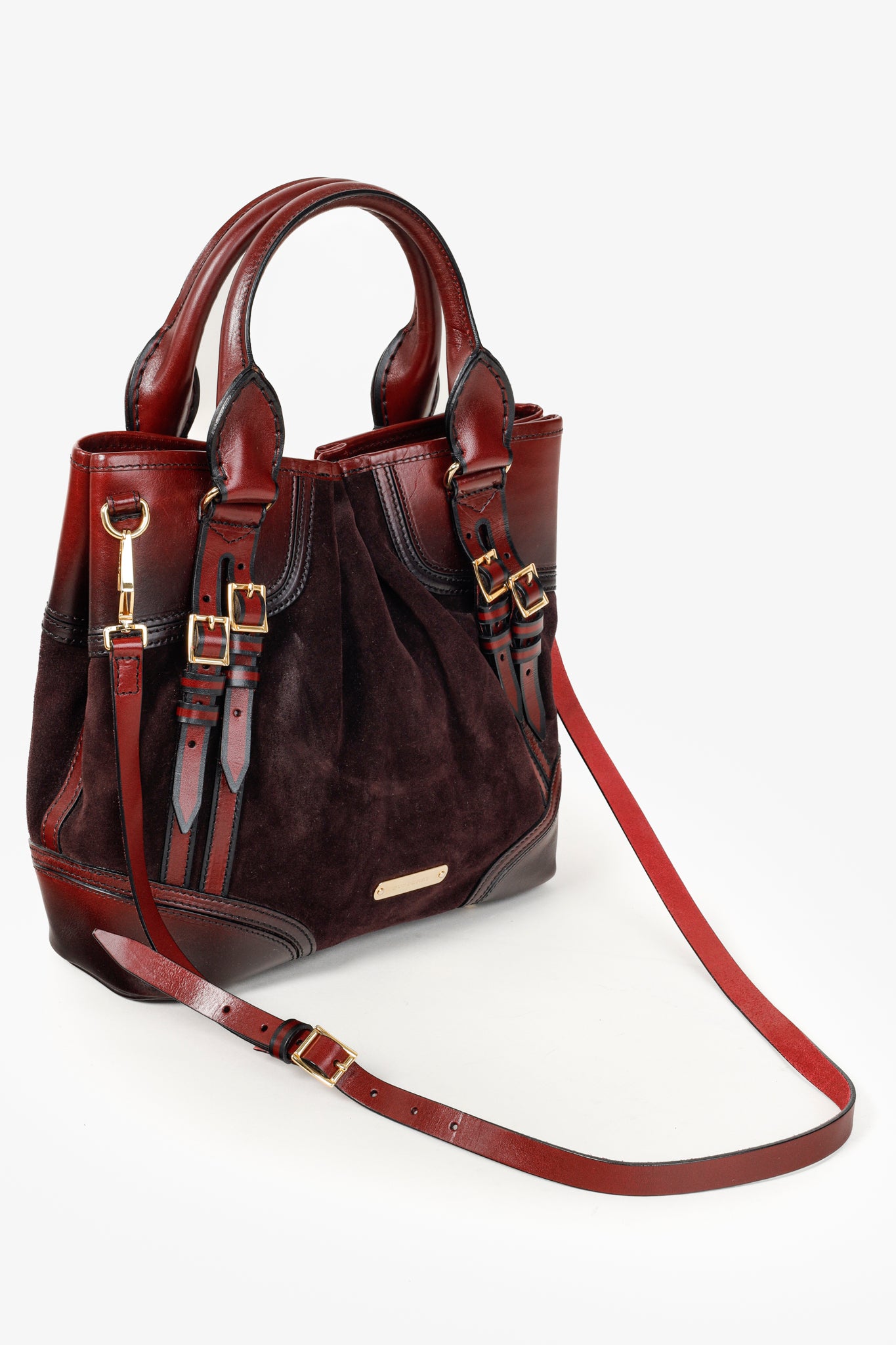 Burberry Prorsum Burgundy Red Calfskin Suede Medium Whipstitch Tote