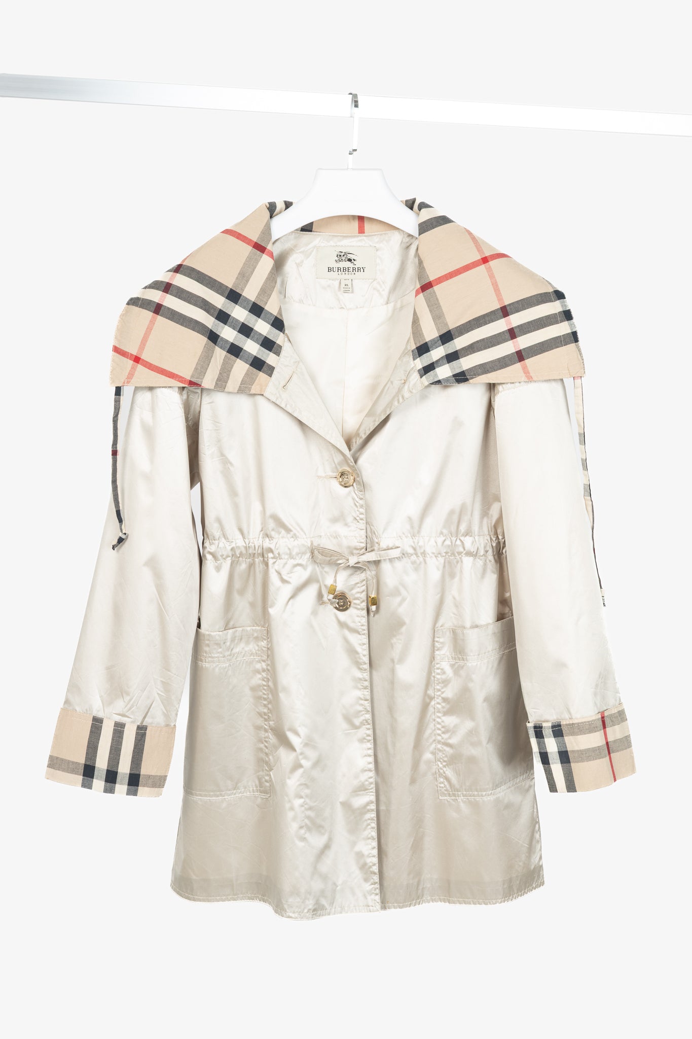 Burberry Champagne Cotton-Blend Check-Trim Drawstring-Waist Rain Jacket