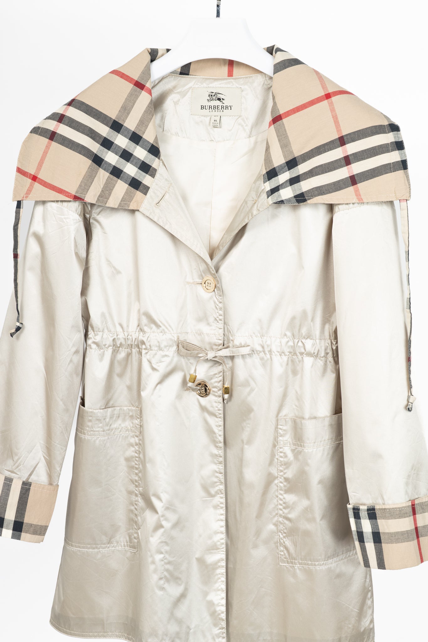 Burberry Champagne Cotton-Blend Check-Trim Drawstring-Waist Rain Jacket