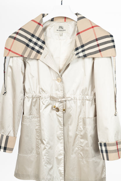 Burberry Champagne Cotton-Blend Check-Trim Drawstring-Waist Rain Jacket
