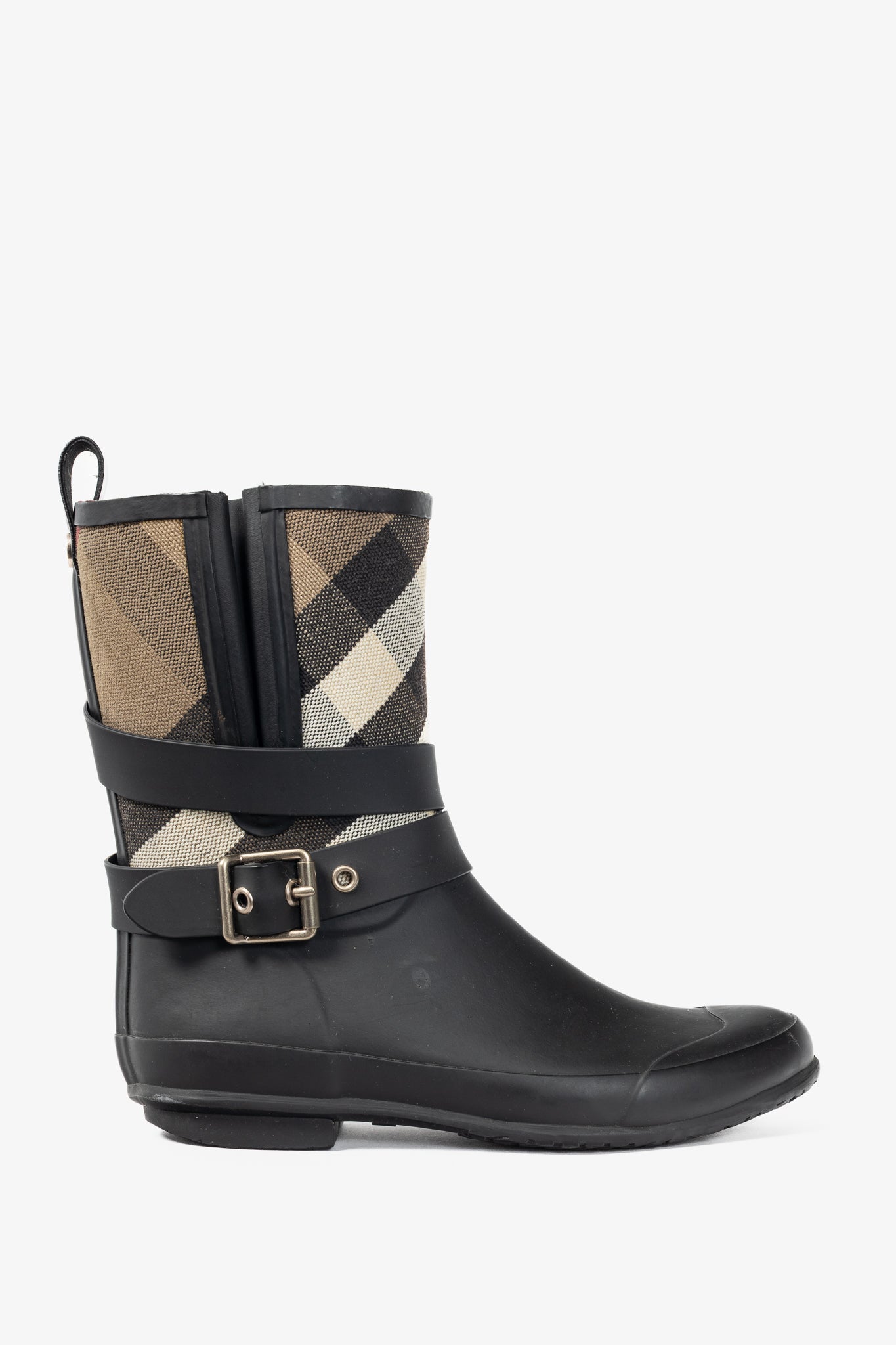 Burberry Holloway "Black" Canvas Check Rubber Mid-Biker Rain Boots