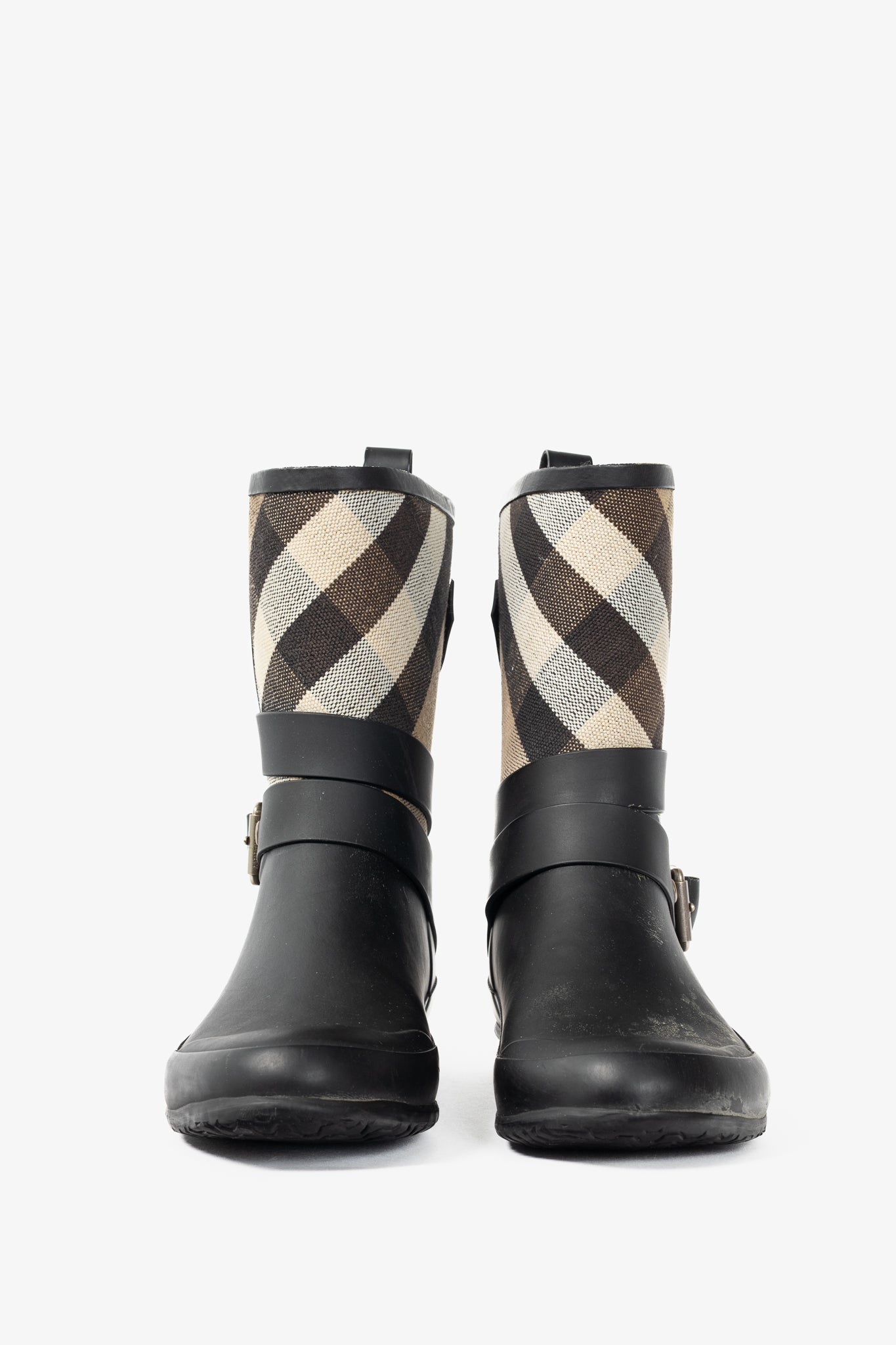 Burberry Holloway "Black" Canvas Check Rubber Mid-Biker Rain Boots