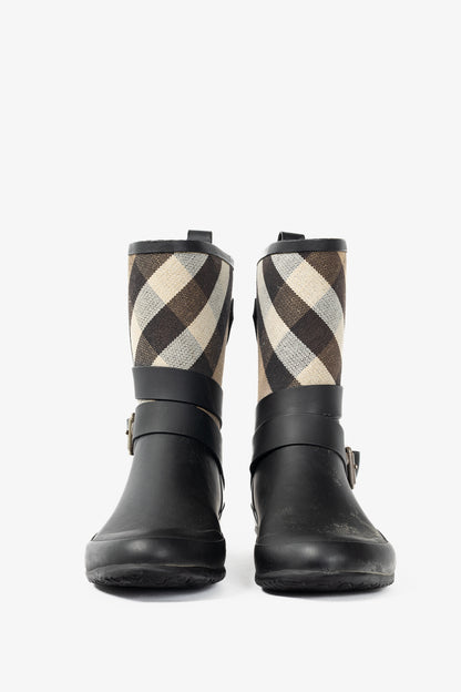 Burberry Holloway "Black" Canvas Check Rubber Mid-Biker Rain Boots
