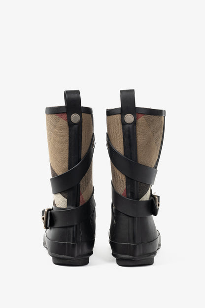 Burberry Holloway "Black" Canvas Check Rubber Mid-Biker Rain Boots