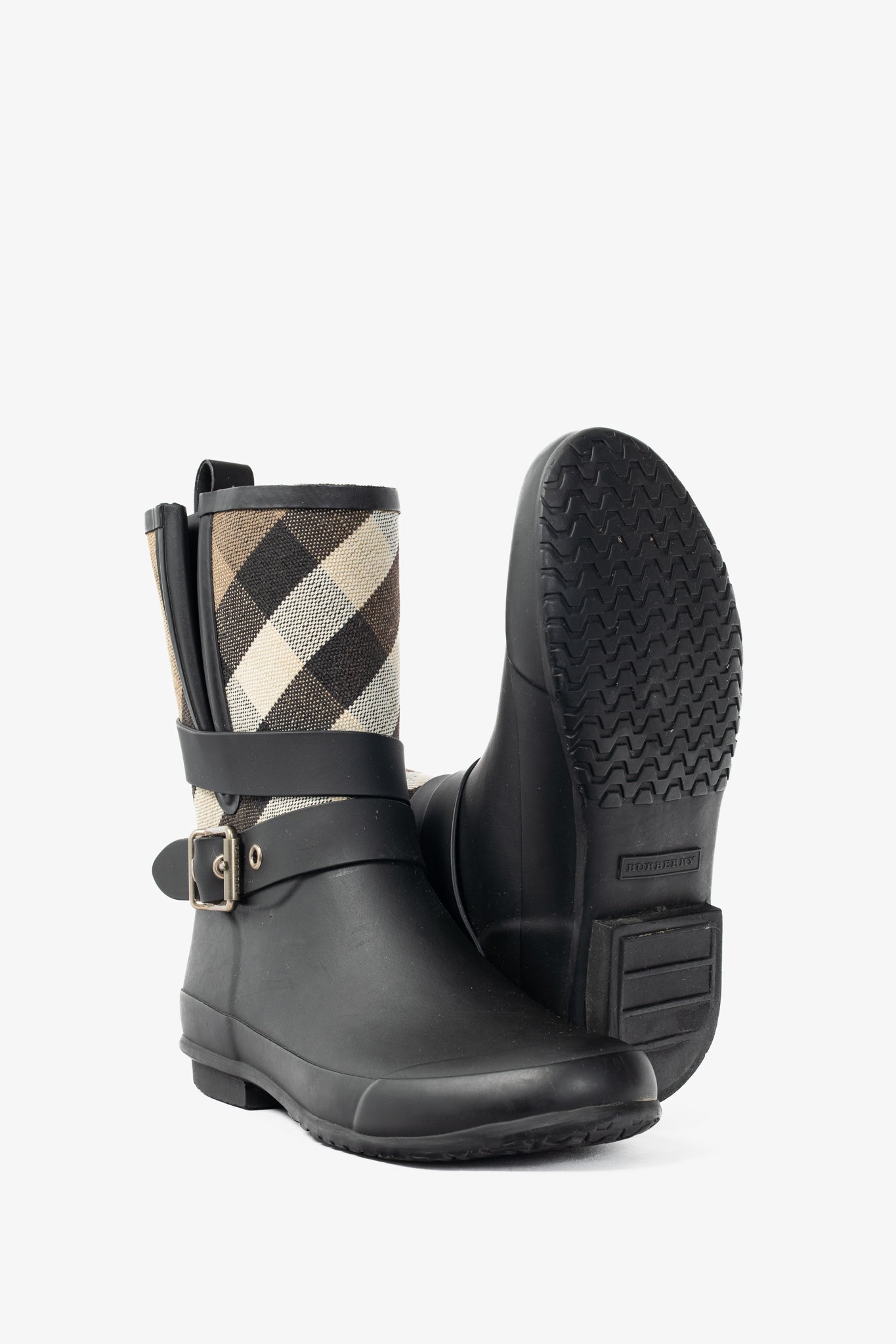 Burberry Holloway "Black" Canvas Check Rubber Mid-Biker Rain Boots