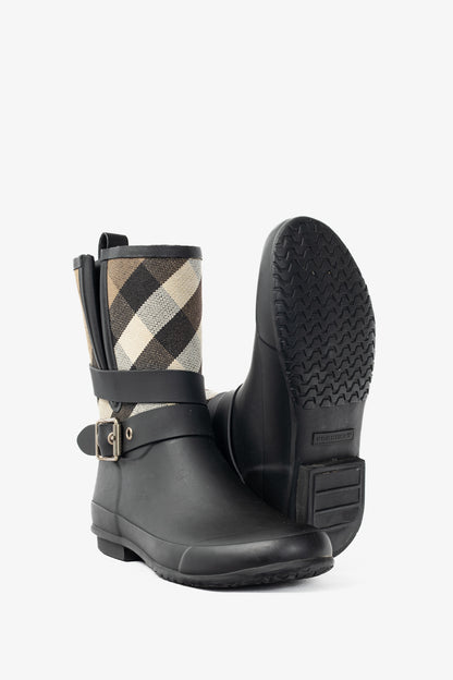 Burberry Holloway "Black" Canvas Check Rubber Mid-Biker Rain Boots