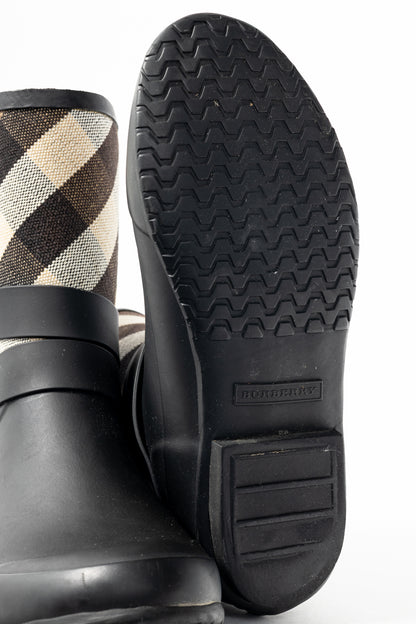 Burberry Holloway "Black" Canvas Check Rubber Mid-Biker Rain Boots