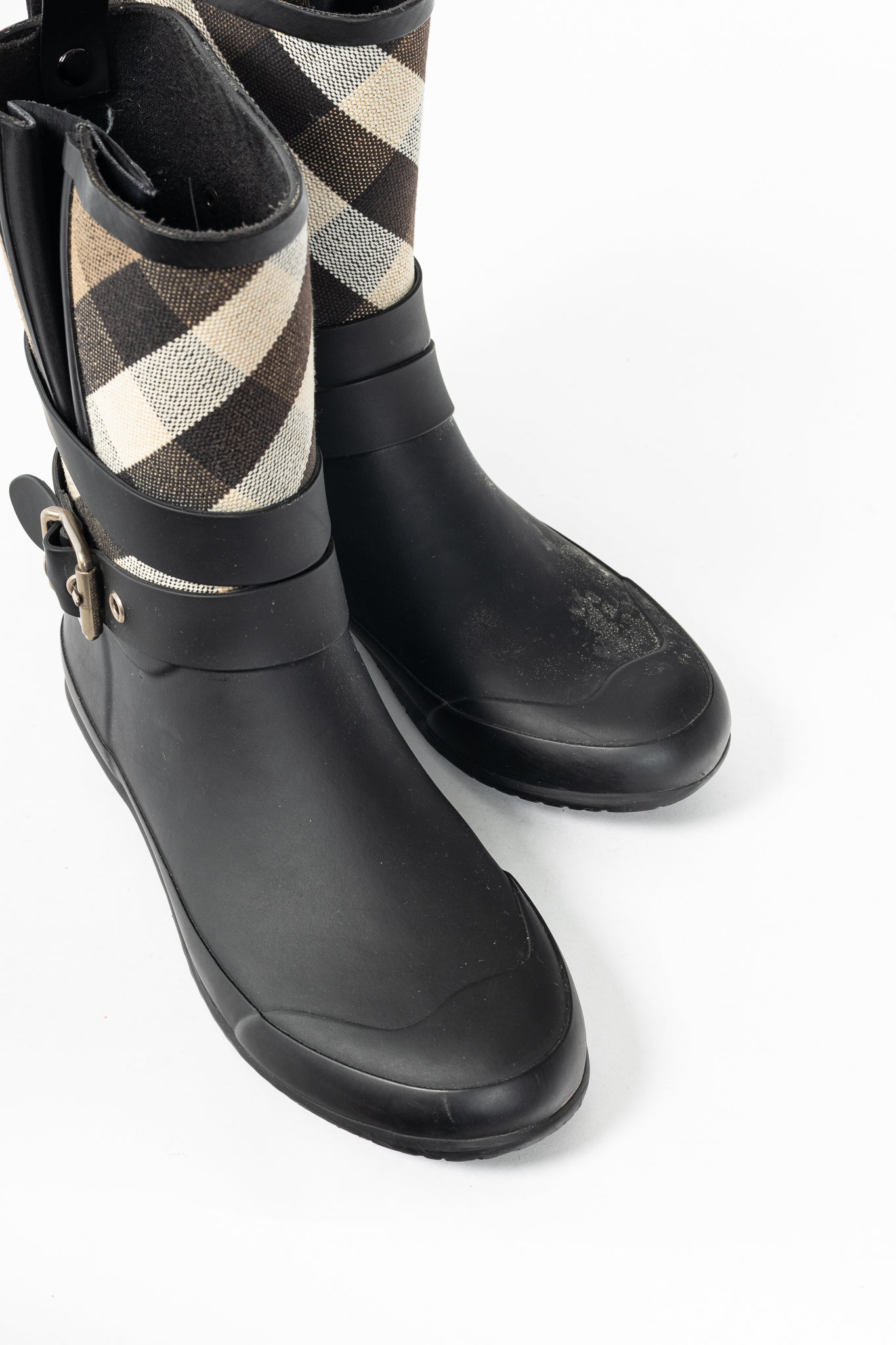 Burberry Holloway "Black" Canvas Check Rubber Mid-Biker Rain Boots