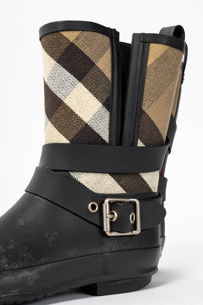 Burberry Holloway "Black" Canvas Check Rubber Mid-Biker Rain Boots