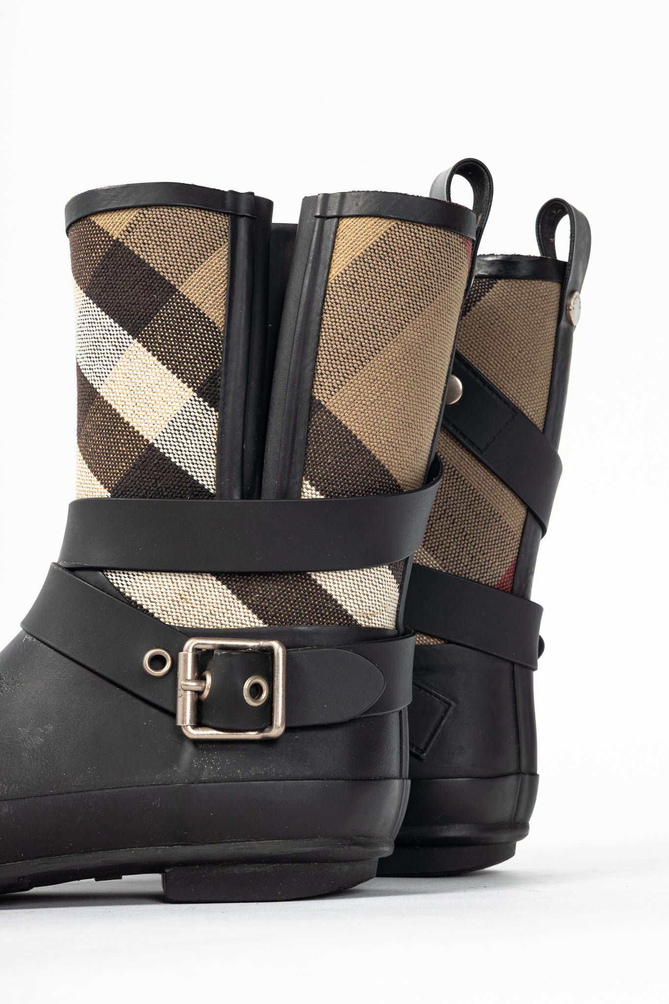 Burberry Holloway "Black" Canvas Check Rubber Mid-Biker Rain Boots