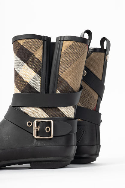 Burberry Holloway "Black" Canvas Check Rubber Mid-Biker Rain Boots
