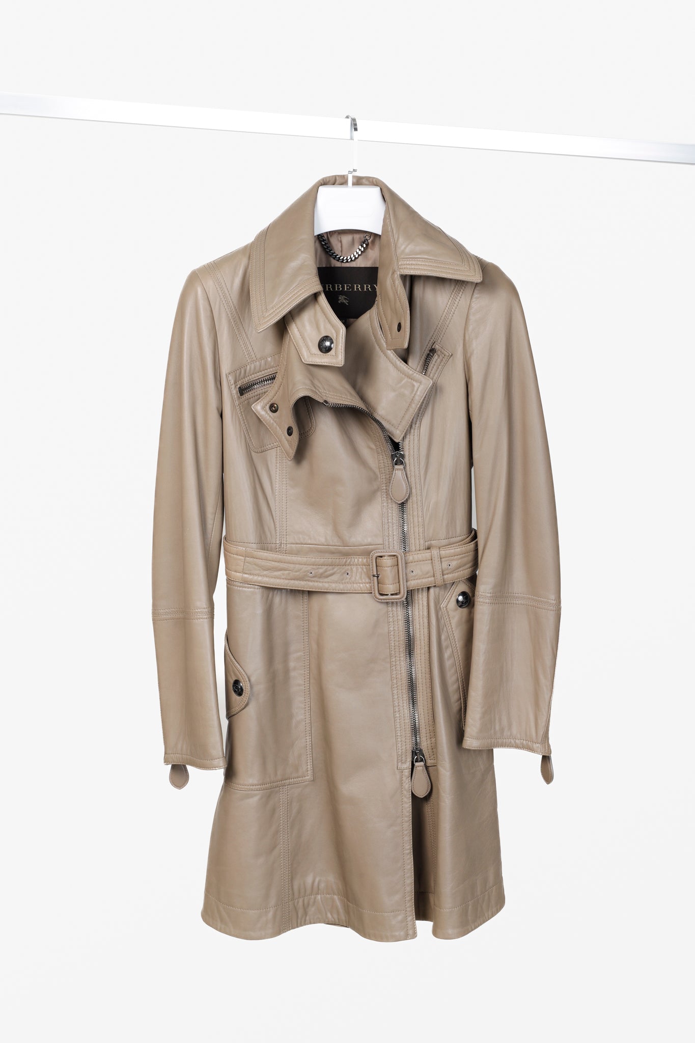 Burberry AW/07 Taupe Grey Brown Leather Moto Trench Coat