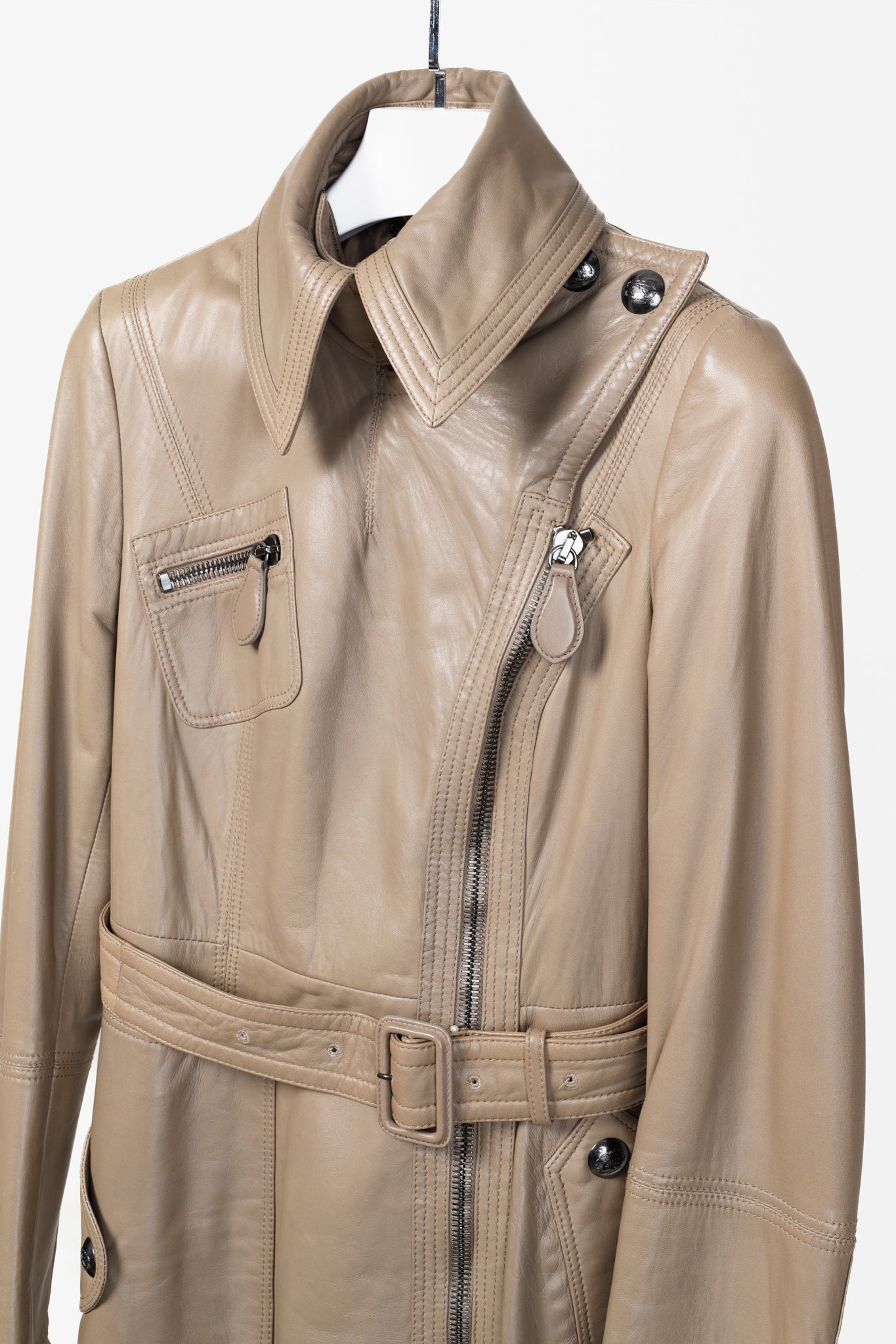 Burberry Taupe Grey Brown Leather Moto Trench Coat