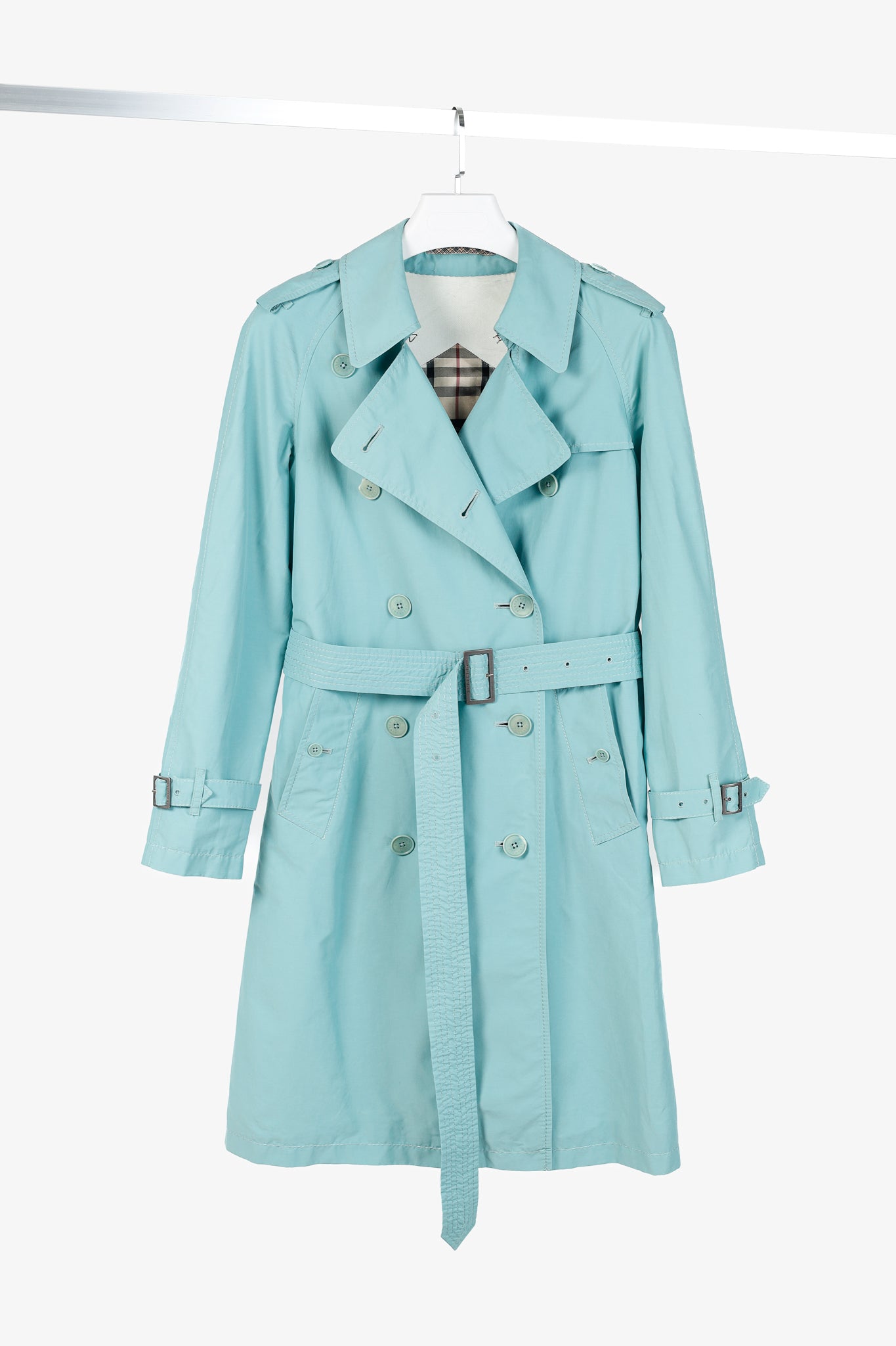 Burberry Turquoise Sateen Check-Undercollar Trench Coat