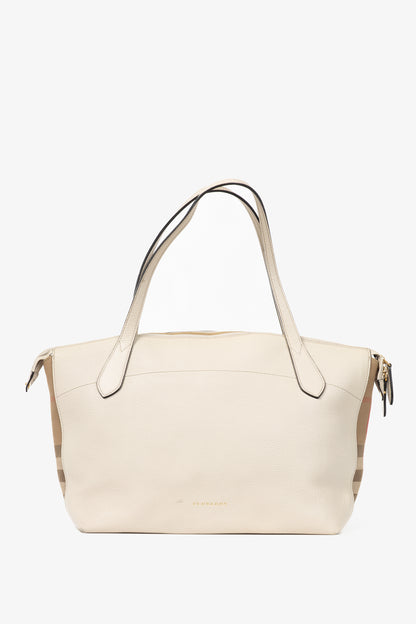 Burberry Welburn Cream Leather Check-Trim Tote