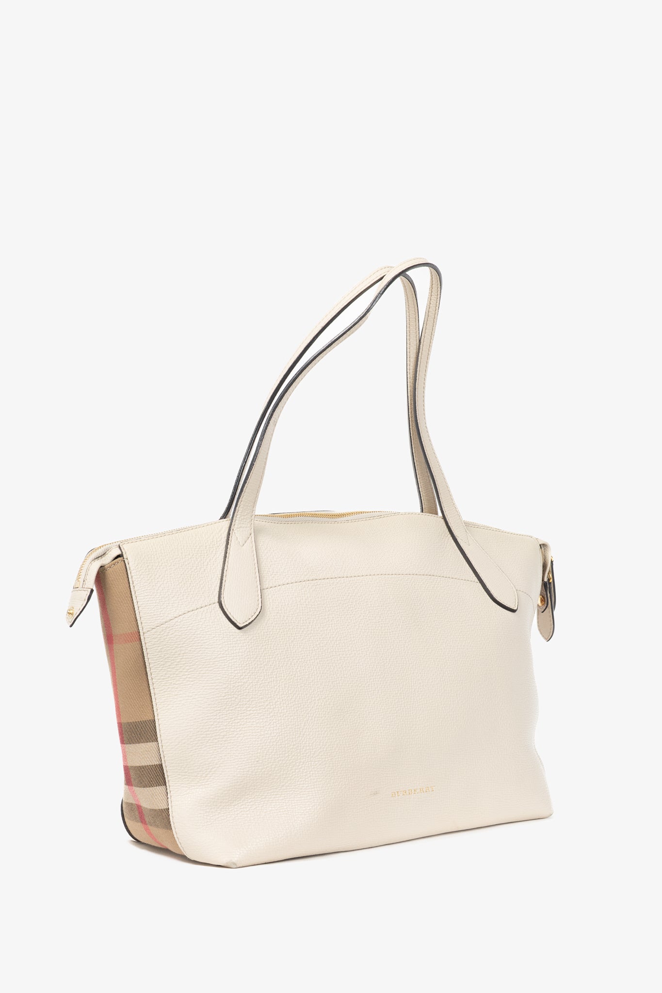 Burberry Welburn Cream Leather Check-Trim Tote