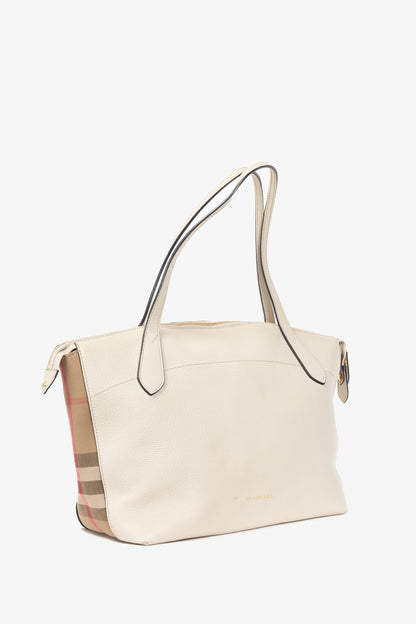 Burberry Welburn Cream Leather Check-Trim Tote