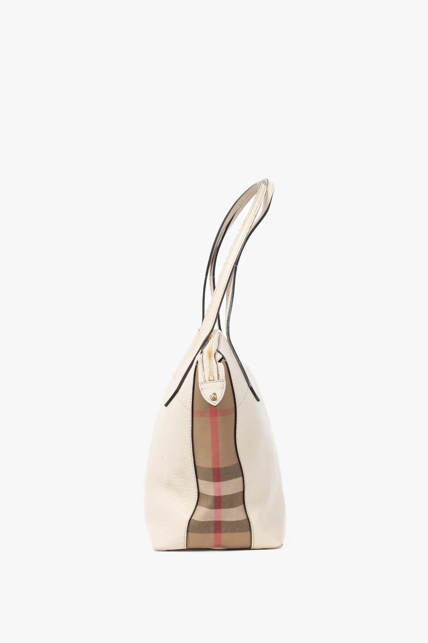 Burberry Welburn Cream Leather Check-Trim Tote